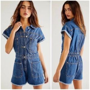 We The Free People Blue Denim Work Hard Play Harder Shortalls Romper Size S
